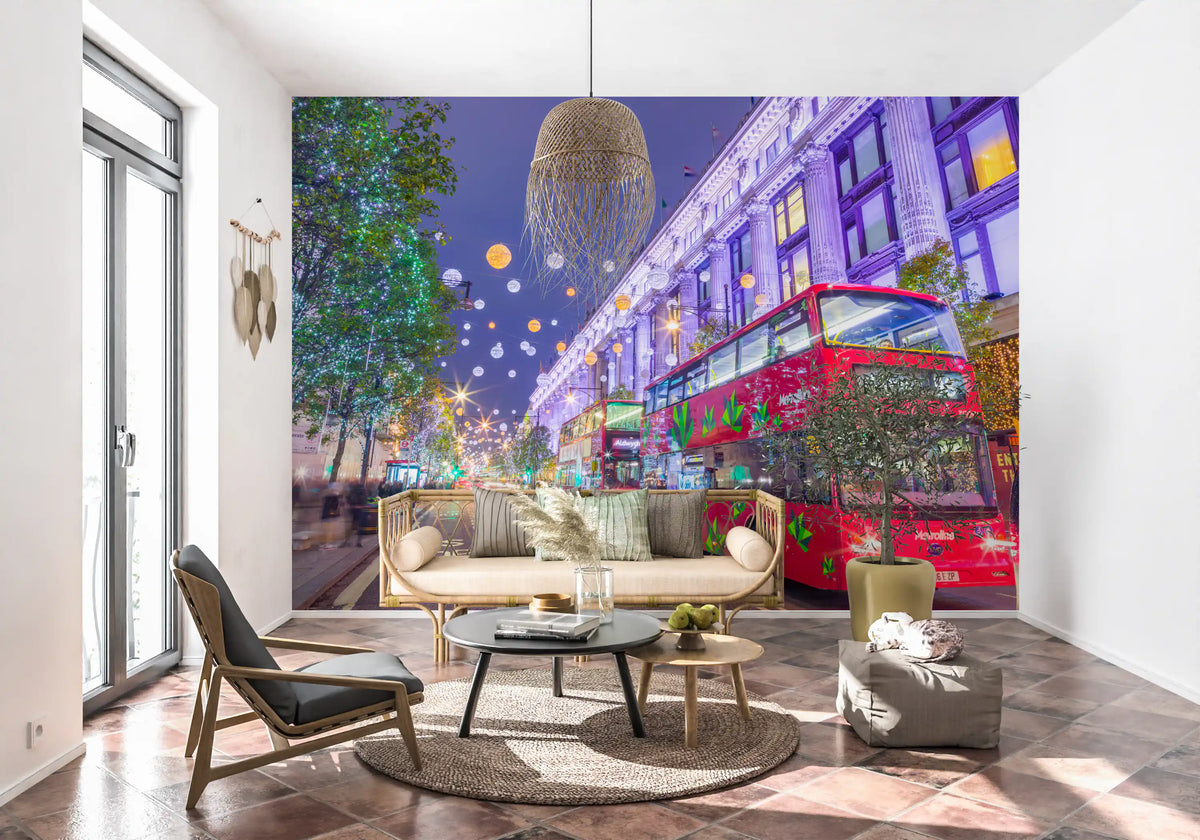 London wallpaper street scene behind a lounge chair and round table GD13045