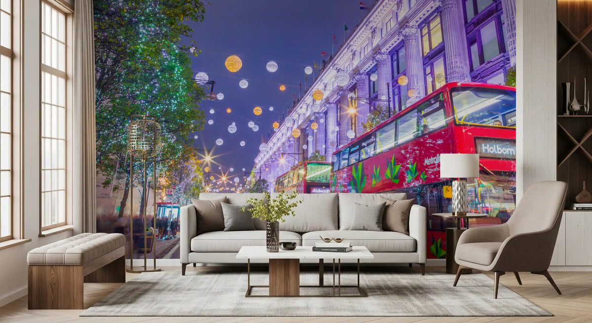 Living room with festive London wallpaper and a low coffee table GD13045