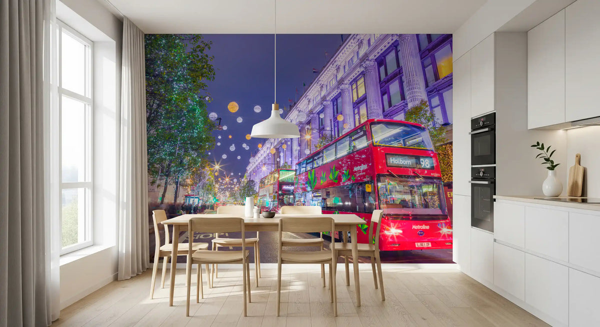Bright kitchen diner with the festive London street mural feature wall GD13045