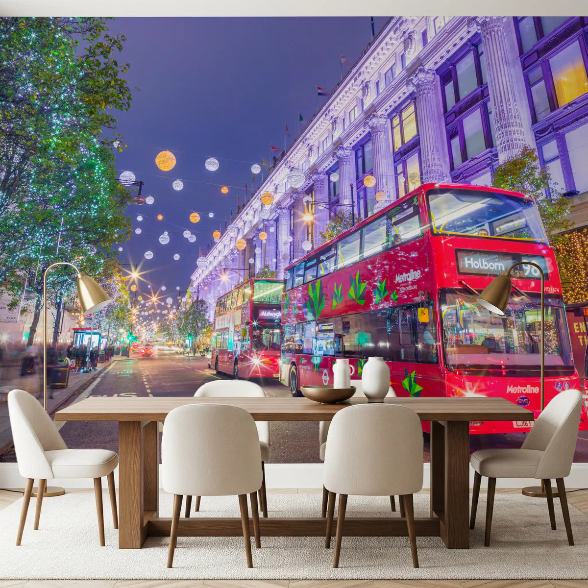 Dining room table set against the festive London wallpaper mural GD13045
