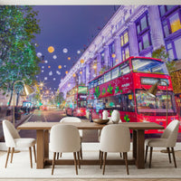 Dining room table set against the festive London wallpaper mural GD13045