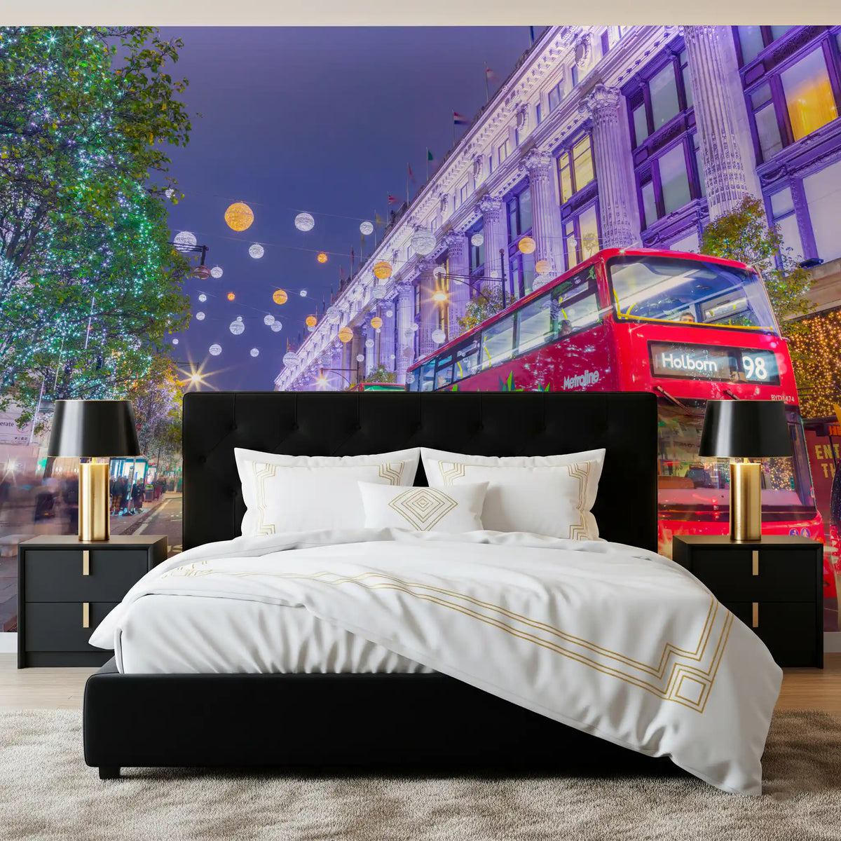 Bedroom with a black bed and the festive London wallpaper mural GD13045