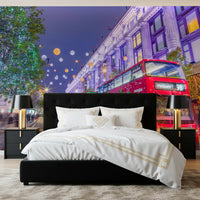 Bedroom with a black bed and the festive London wallpaper mural GD13045