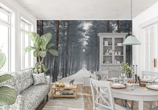 Misty Snowy Path Through the Pines Wall Mural