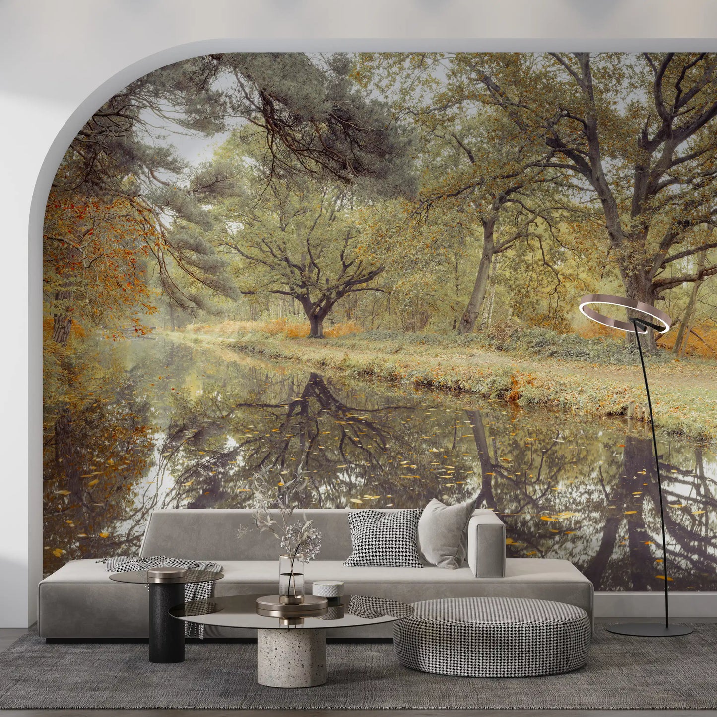 Reflective Woodland River Path Wall Mural