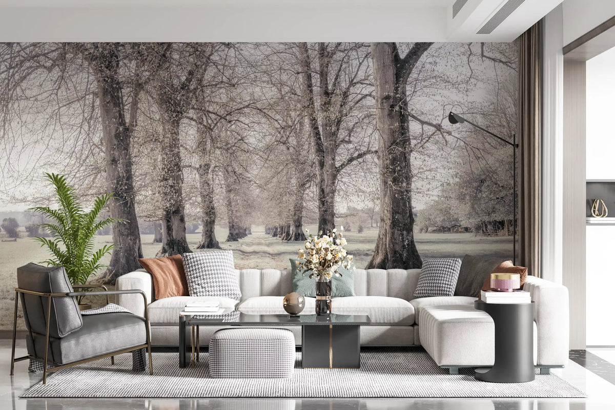 Living room with white sofa and tree wallpaper of a frosty avenue of bare winter trees GD13055
