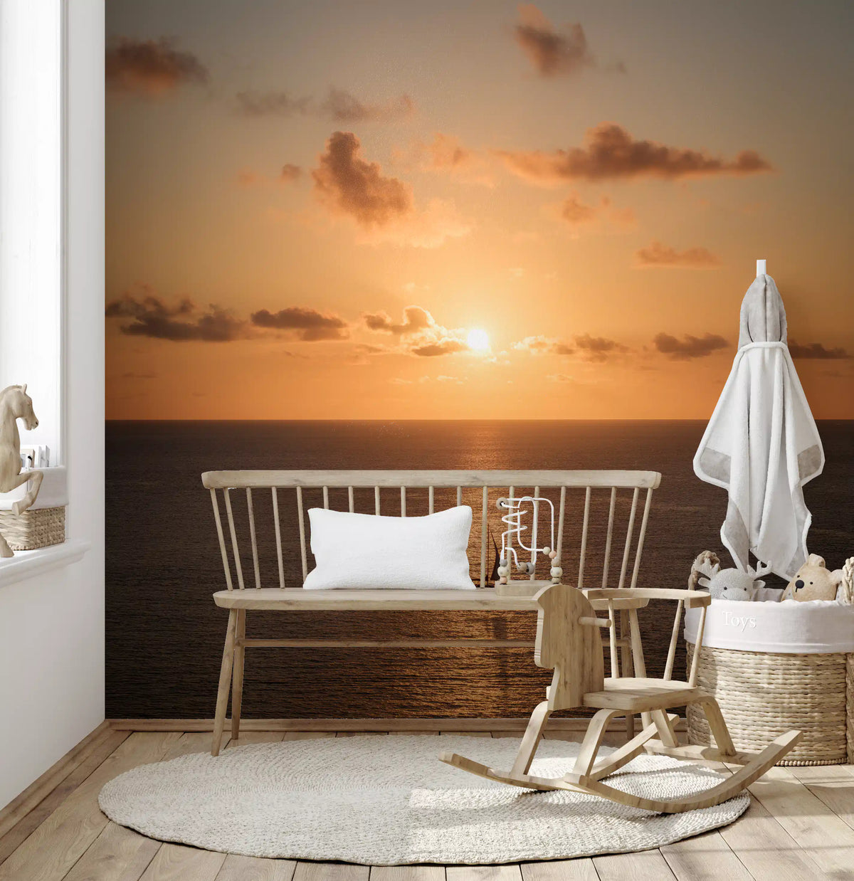 Nursery bench with rocking horse and a warm sunset sea beach wallpaper mural GD13057