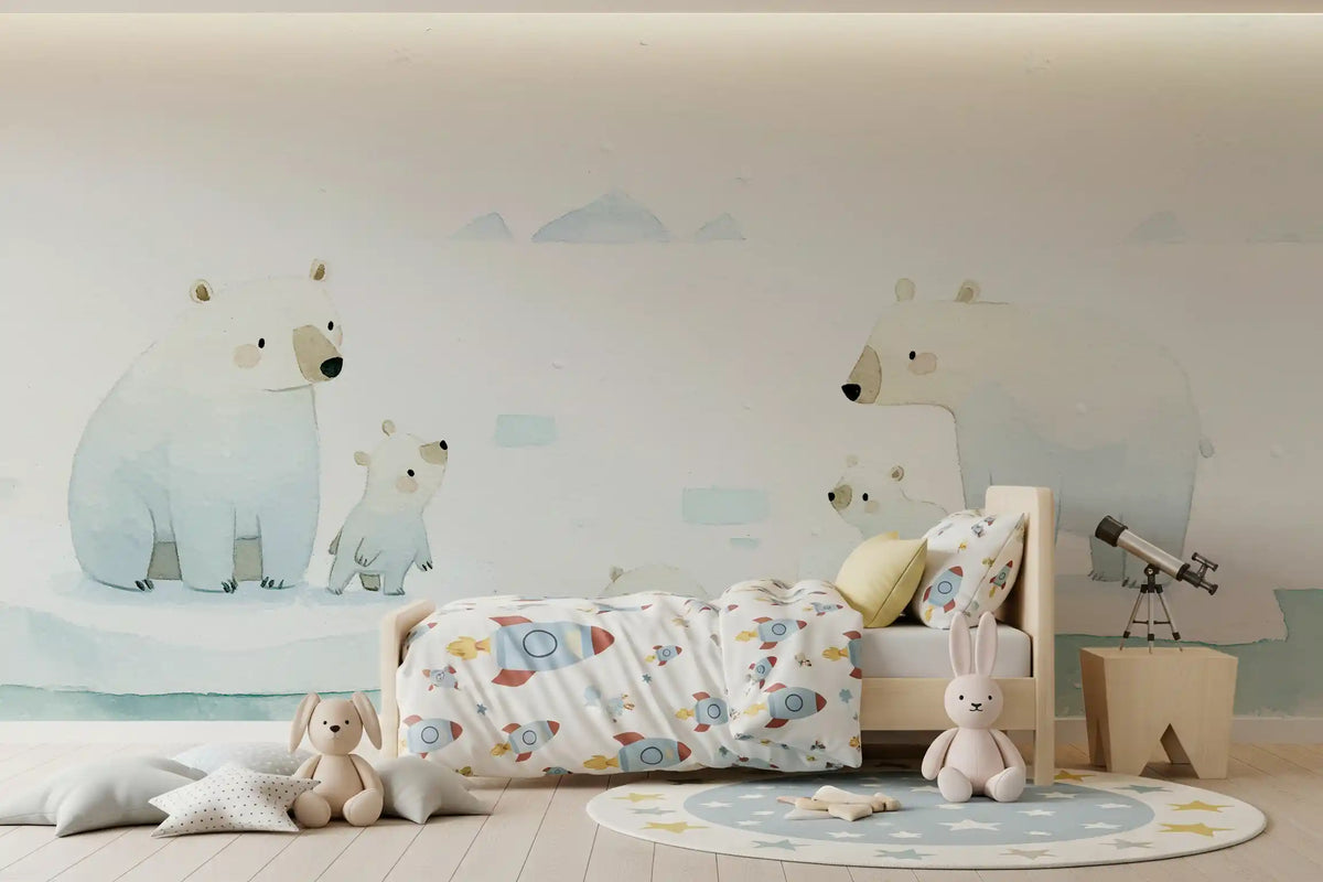 Kids room with a small bed and toys and a watercolor polar bear family mural GD13061