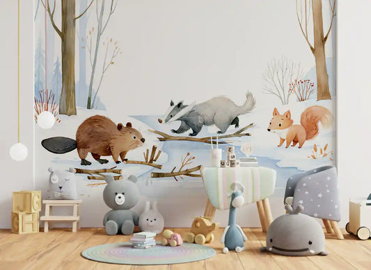 Winter Woodland Animal Gathering Wall Mural