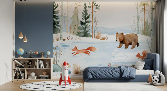 Winter Forest Friends Watercolor Scene Wall Mural