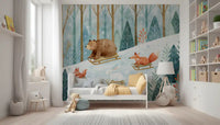 Winter Forest Friends Sledding Adventure Wall Mural