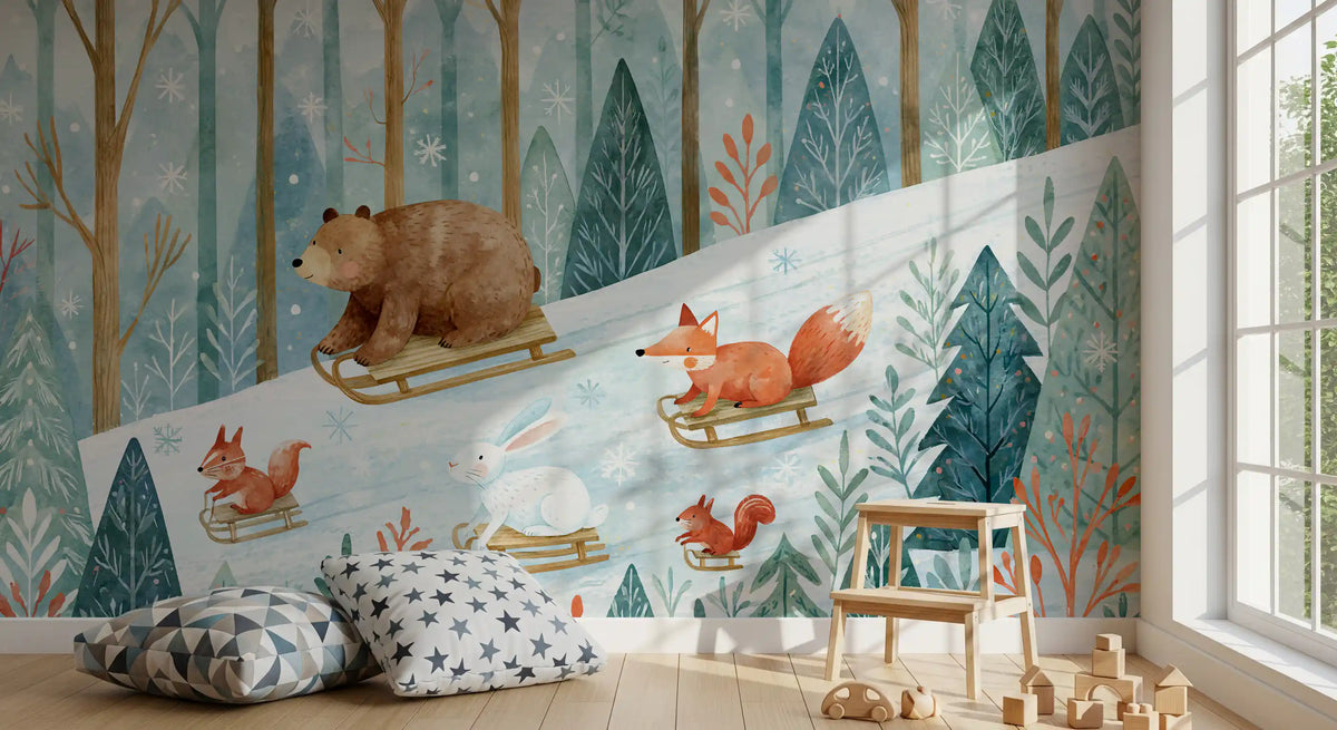 Kids room with star cushions and wooden blocks below the sledding woodland friends wallpaper GD13064