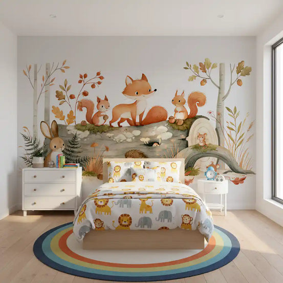 Kids bedroom with a rainbow rug and safari bedding below the autumn woodland animal wallpaper GD13065