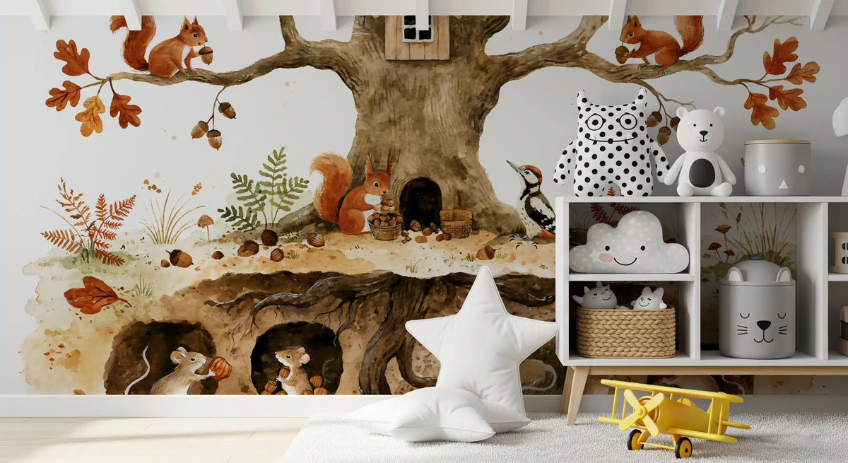 Kids room with a cloud shelf and basket bins below the autumn oak tree nursery wallpaper GD13066