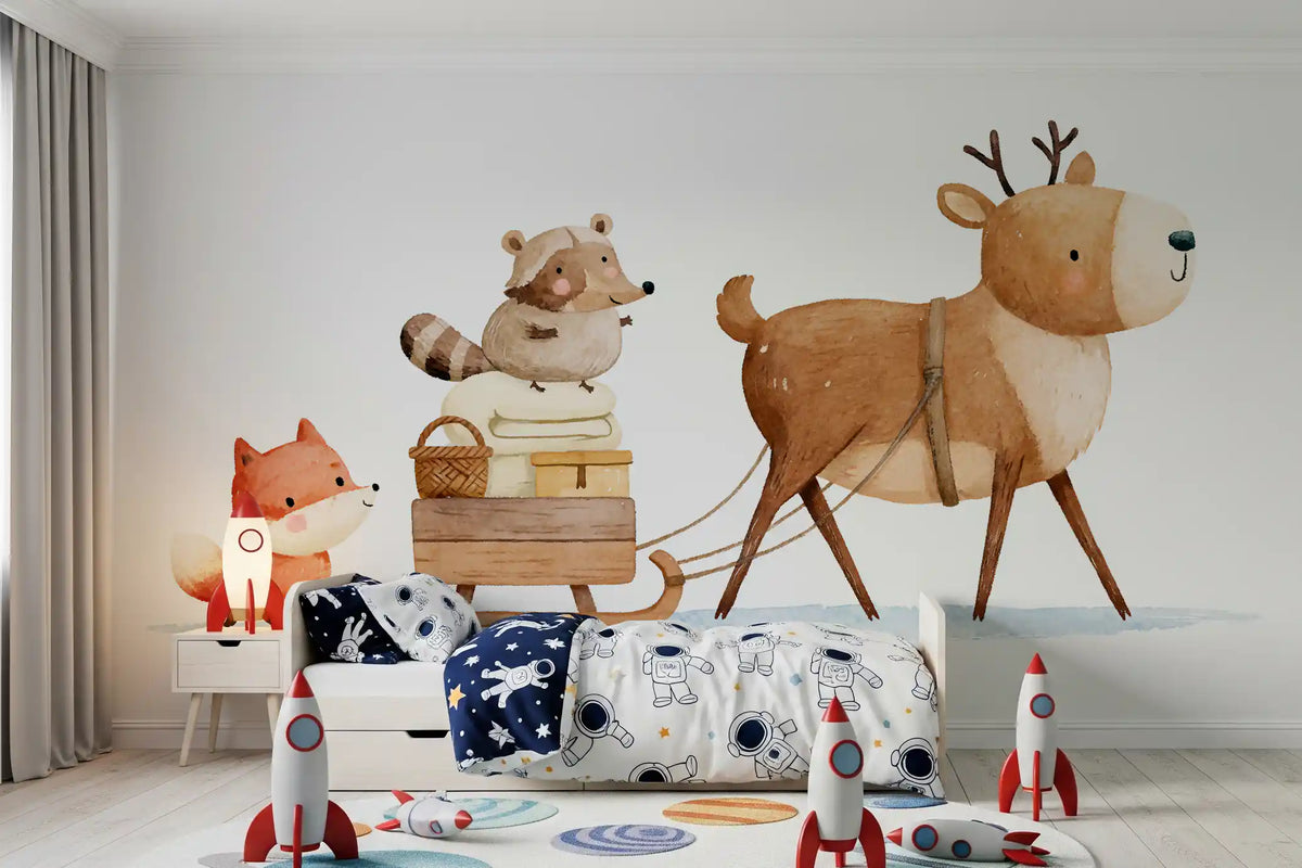 Reindeer sleigh nursery wallpaper in a boys room with blue rocket bedding and fox lamp GD13068