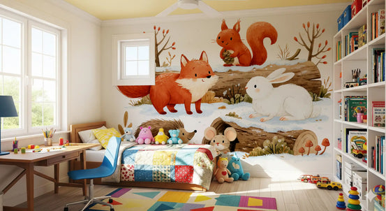 Animal wallpaper winter friends in a kids room with a patchwork bed and colourful rug GD13071