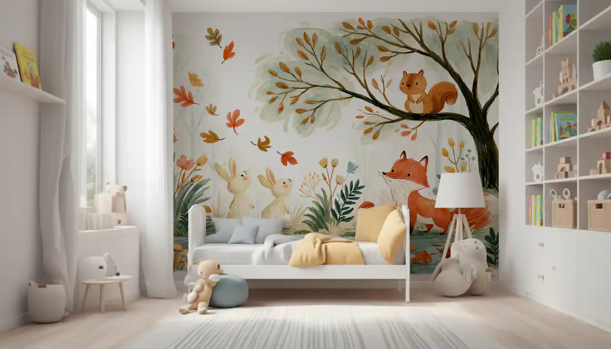 Nature wallpaper autumn woodland mural in a nursery with a white bed and floor lamp GD13072