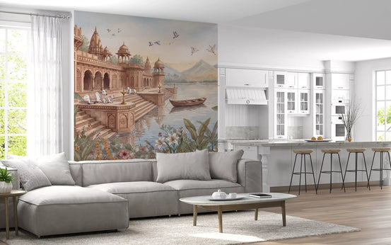 Sandstone ghats nature wallpaper behind a grey sofa in an open living room and kitchen GD13093