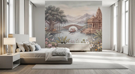 Palace garden nature wallpaper behind a grey bed in a bright modern bedroom GD13098