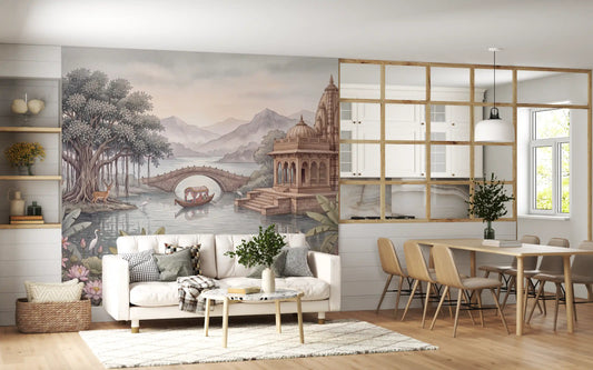 Open living and dining room with palace lake mural, white sofa and wood chairs GD13098
