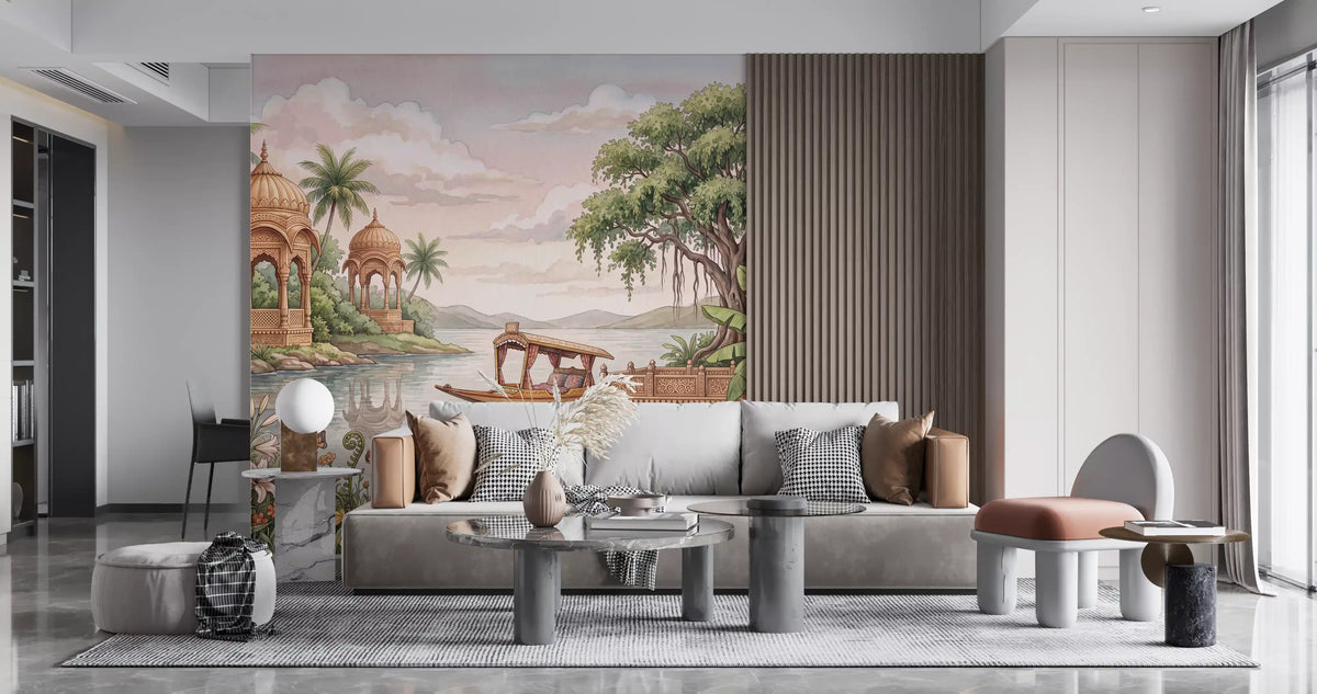Living room with grey sofa and slat wall and pastel lake wallpaper mural GD13102