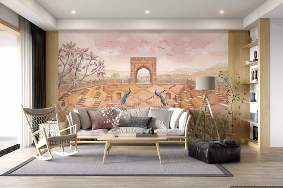 Peacock wallpaper behind a grey sofa and wooden rocking chair in a living room GD13105