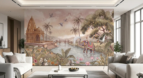 Elephant wallpaper behind two facing white sofas and a white coffee table in a living room GD13106