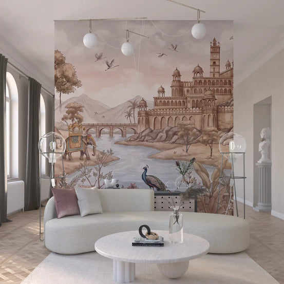 Antique wallpaper behind a curved white sofa and a round marble coffee table GD13107