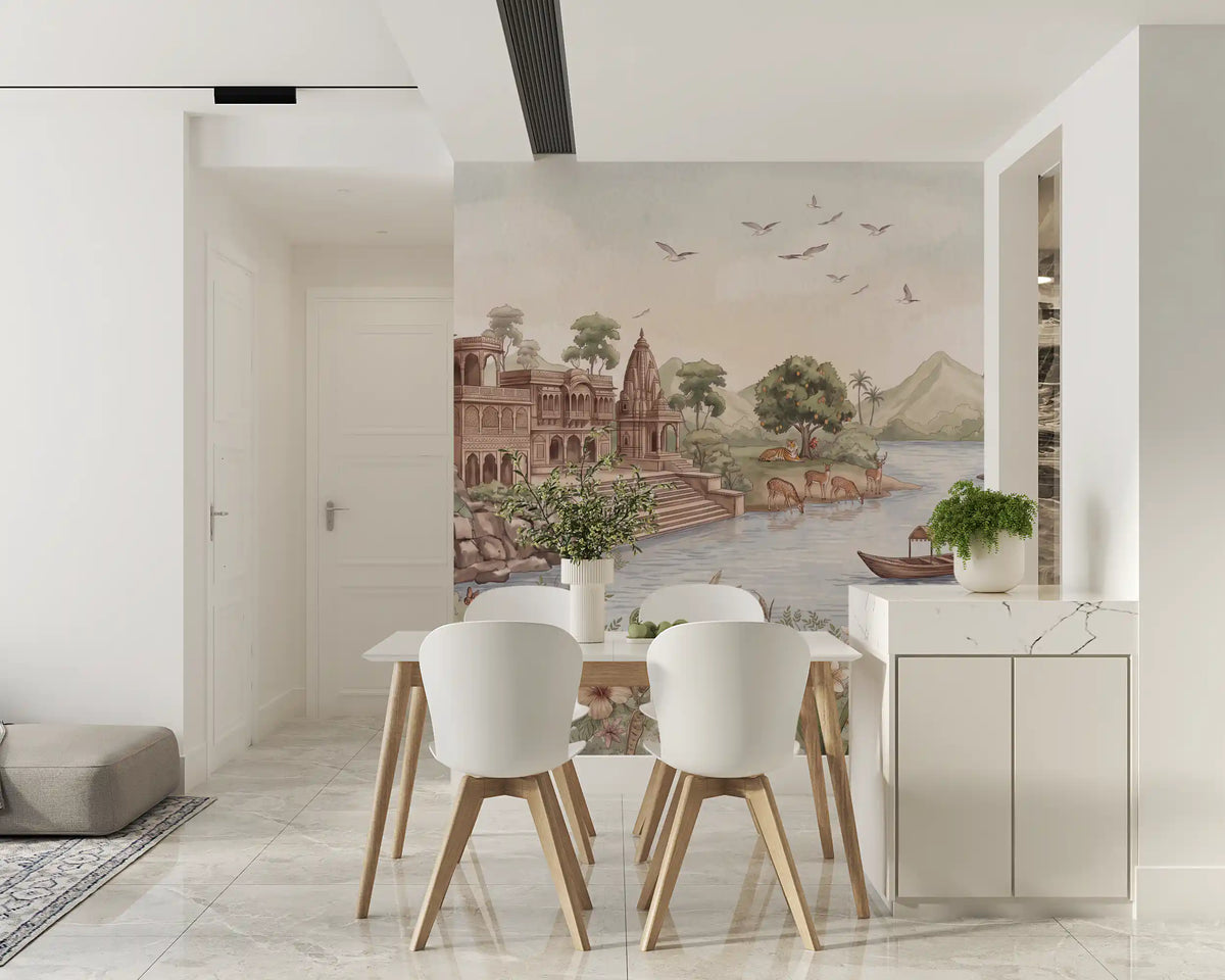 Jungle wallpaper in a dining room with white moulded chairs and a small table GD13109