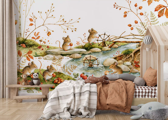 Forest wallpaper by a neutral kids bed with plush toys and layered blankets GD13112