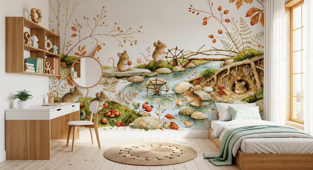 Woodland stream mural by a white desk and a round mirror GD13112