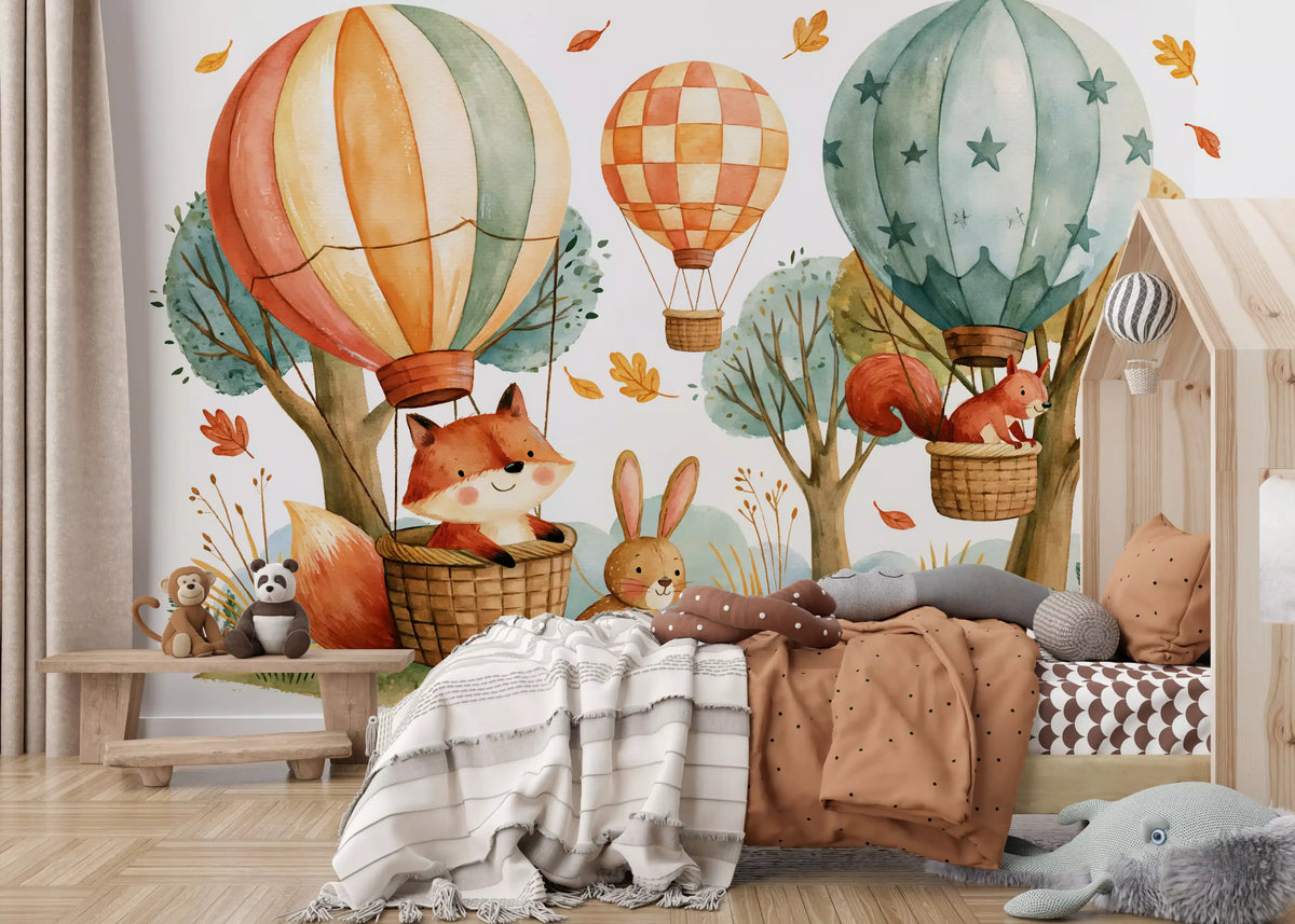 Woodland Forest Friends and Hot Air Balloons Wall Mural