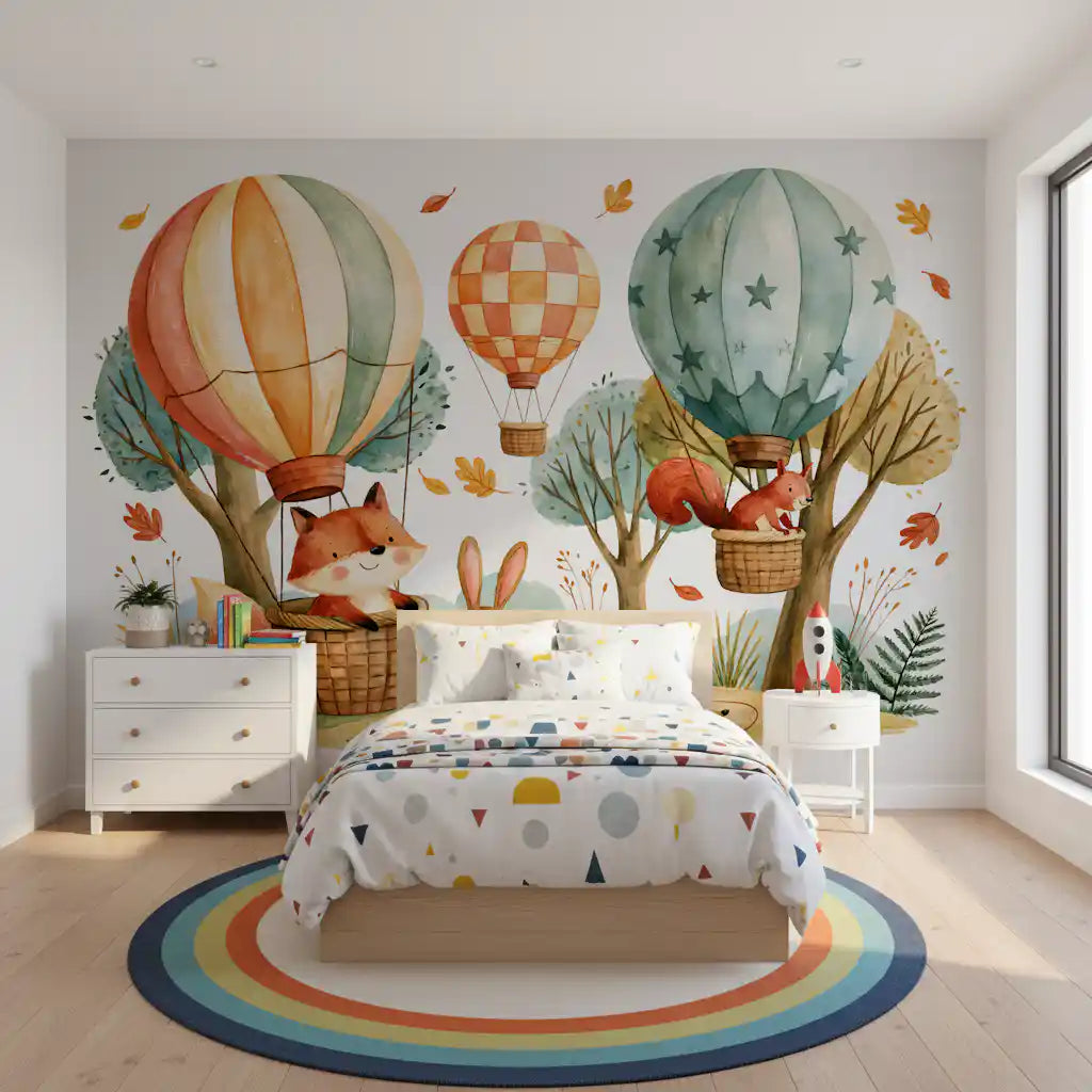 Woodland Forest Friends and Hot Air Balloons Wall Mural