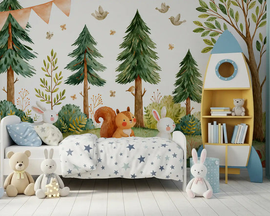 Forest wallpaper in a boys bedroom with a rocket shelf and star bedding GD13116