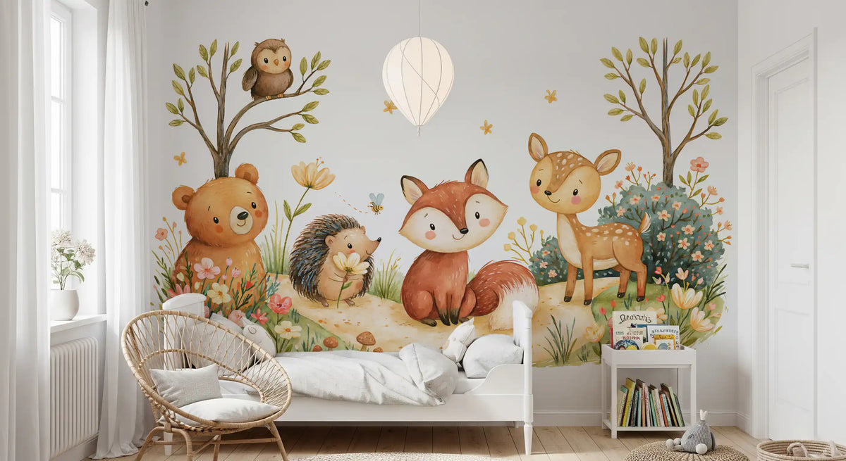 Whimsical Autumnal Forest Friends Watercolor Scene Wall Mural