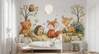 Whimsical Autumnal Forest Friends Watercolor Scene Wall Mural