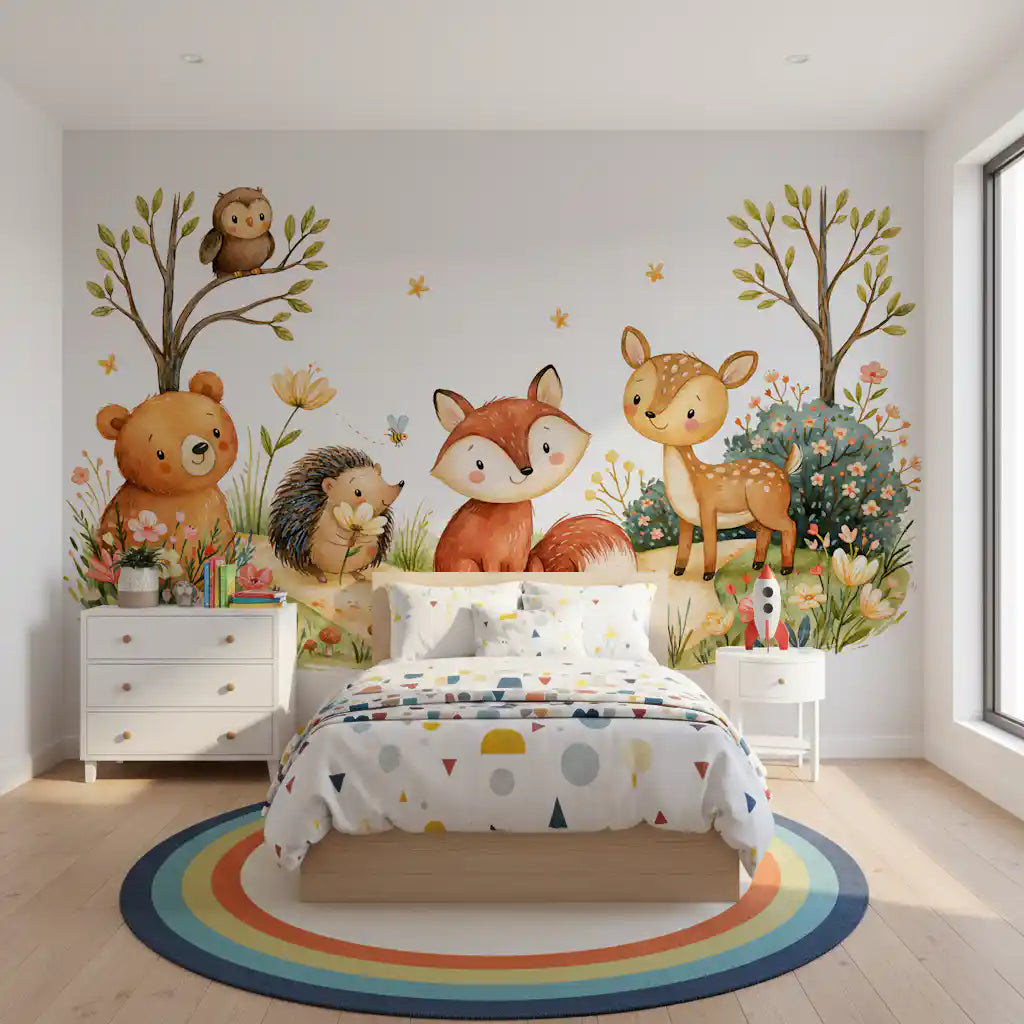 Whimsical Autumnal Forest Friends Watercolor Scene Wall Mural