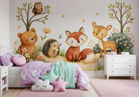 Whimsical Autumnal Forest Friends Watercolor Scene Wall Mural