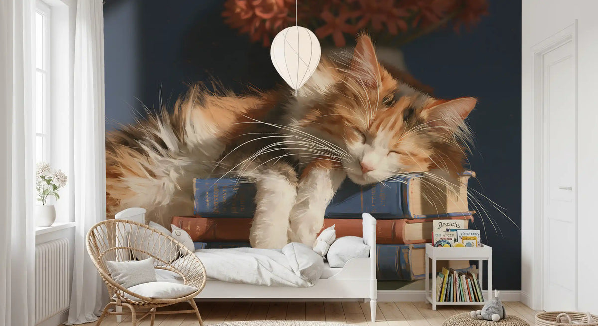 Calico Cat Sleeping on Stack of Old Books Wall Mural