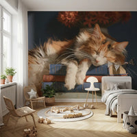 Calico Cat Sleeping on Stack of Old Books Wall Mural