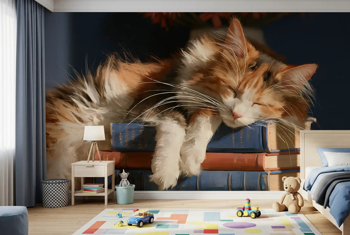 Calico Cat Sleeping on Stack of Old Books Wall Mural
