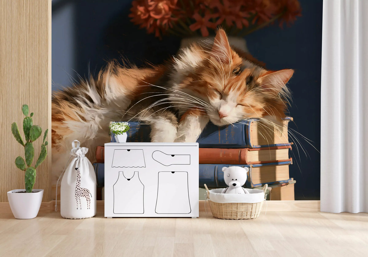 Calico Cat Sleeping on Stack of Old Books Wall Mural