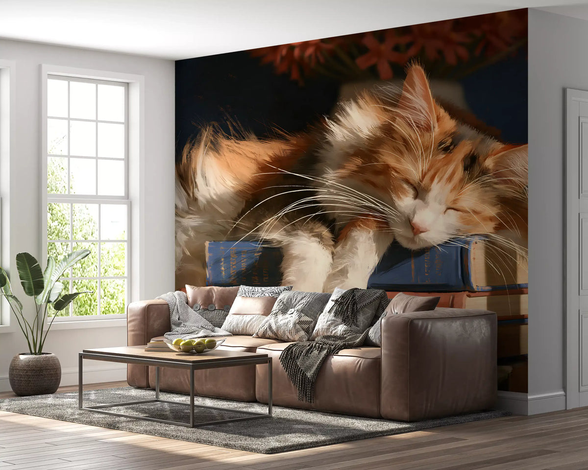 Calico Cat Sleeping on Stack of Old Books Wall Mural