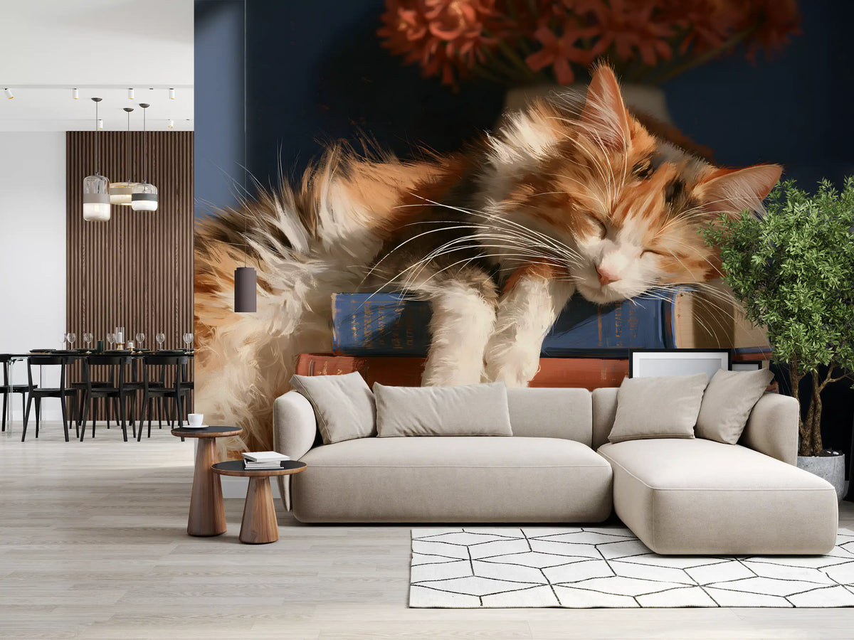 Calico Cat Sleeping on Stack of Old Books Wall Mural
