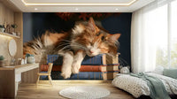 Calico Cat Sleeping on Stack of Old Books Wall Mural