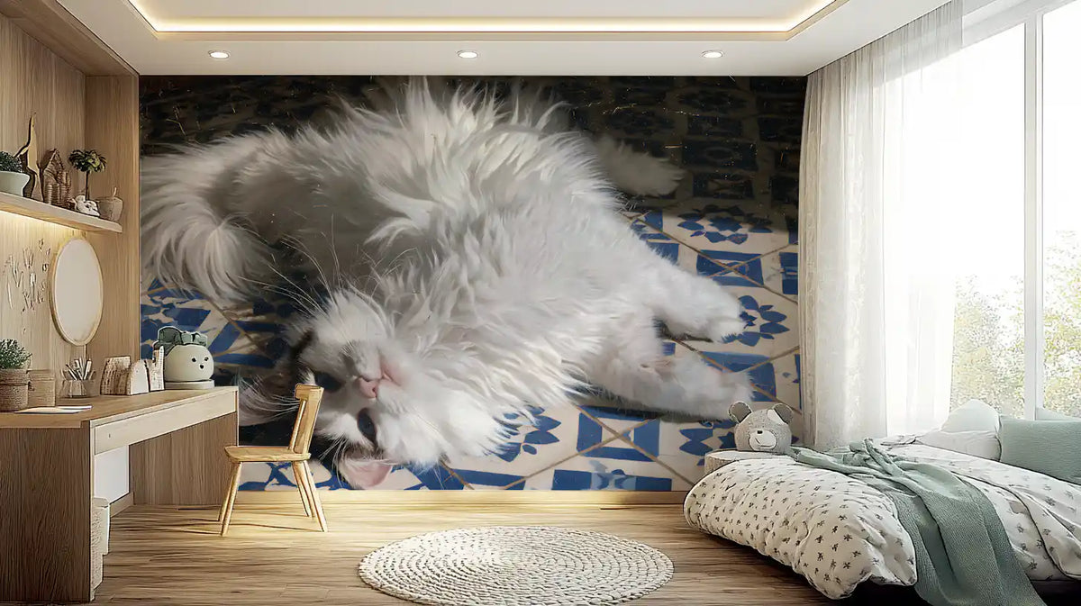 Resting Fluffy Cat on Mediterranean Tiles Wall Mural