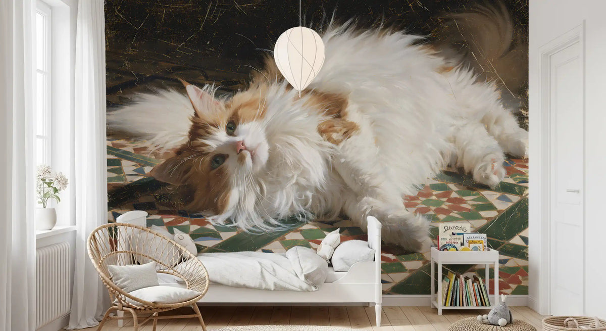 Cat wallpaper of a ginger longhair on mosaic tiles in a bright nursery with rattan chair GD13122