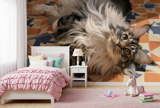 Resting Fluffy Tabby on Mediterranean Tiles Wall Mural