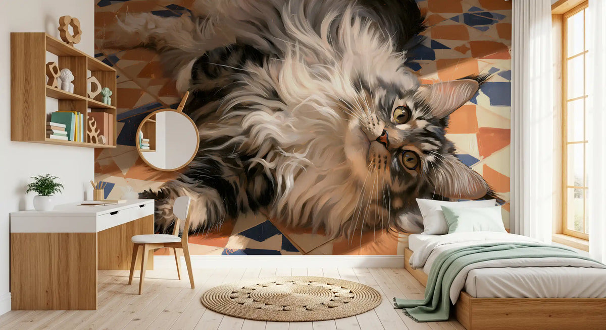 Resting Fluffy Tabby on Mediterranean Tiles Wall Mural