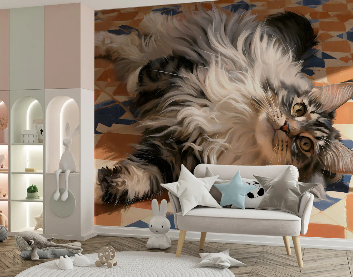 Resting Fluffy Tabby on Mediterranean Tiles Wall Mural